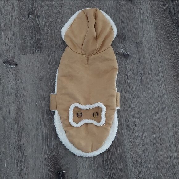 Dog Tan Faux Suede Hooded Jacket with Sherpa Lining and Trim Medium - Picture 1 of 4